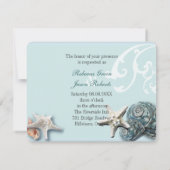 エレガントな木製 青い海の貝殻 ビーチウェディング 招待状 (裏面)