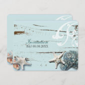 エレガントな木製 青い海の貝殻 ビーチウェディング 招待状 (正面/裏面)