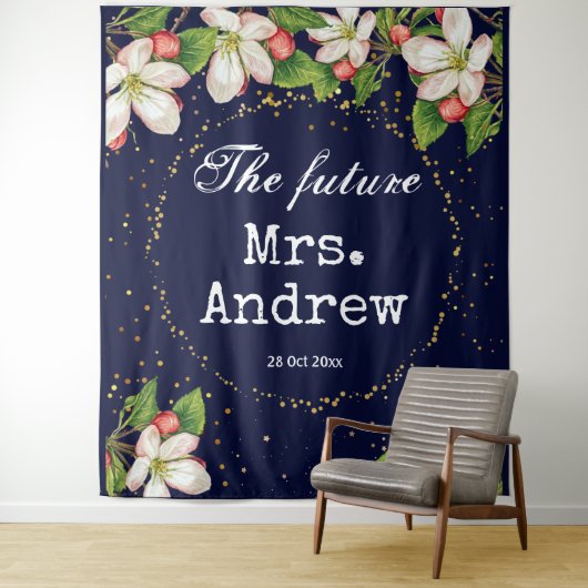 エレガントな未来のミセス ネイビーブルーの花柄 ゴールドグリッター タペストリー (インサイチュ)