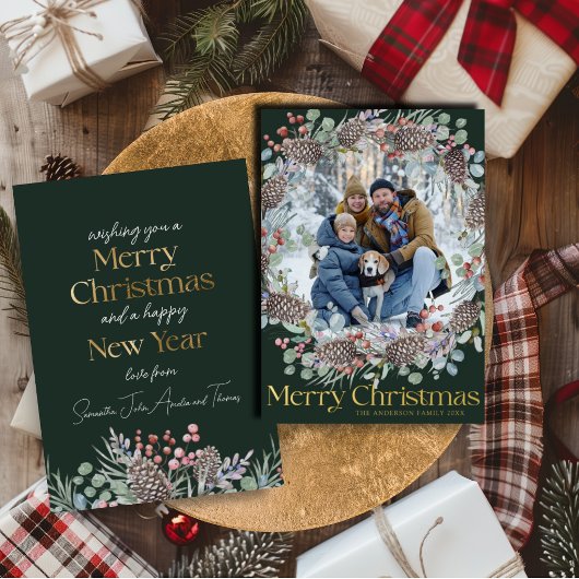 エレガントな本物金箔入りボタニカル メリークリスマス 箔シーズンカード