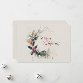 エレガントな松とホーリーのリースにゴールドのアクセントを添えて シーズンカード