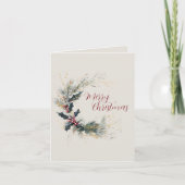 エレガントな松とホーリーのリースにゴールドのアクセントを添えて シーズンカード (正面)