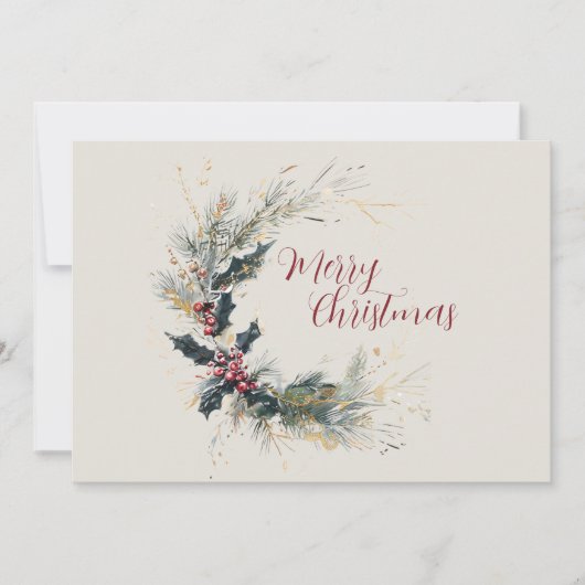 エレガントな松とホーリーのリースにゴールドのアクセントを添えて シーズンカード (正面)