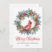 エレガントな松のホーリー クリスマスリース 赤いカーディナル シーズンカード (正面/裏面)