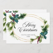 エレガントな松の木とイチイの実のクリスマスグリーティング シーズンカード (正面/裏面)