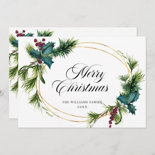 エレガントな松の木とイチイの実のクリスマスグリーティング シーズンカード (正面/裏面)