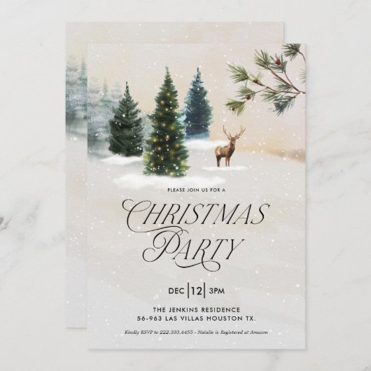エレガントな松の木のクリスマスパーティー招待状 シーズンカード (正面/裏面)