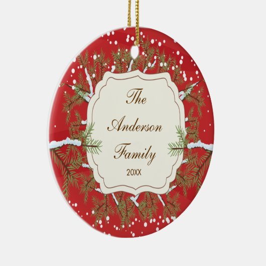 エレガントな松の木のBranche日付がついた家族のクリスマス セラミックオーナメント (右)