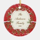 エレガントな松の木のBranche日付がついた家族のクリスマス セラミックオーナメント (正面)
