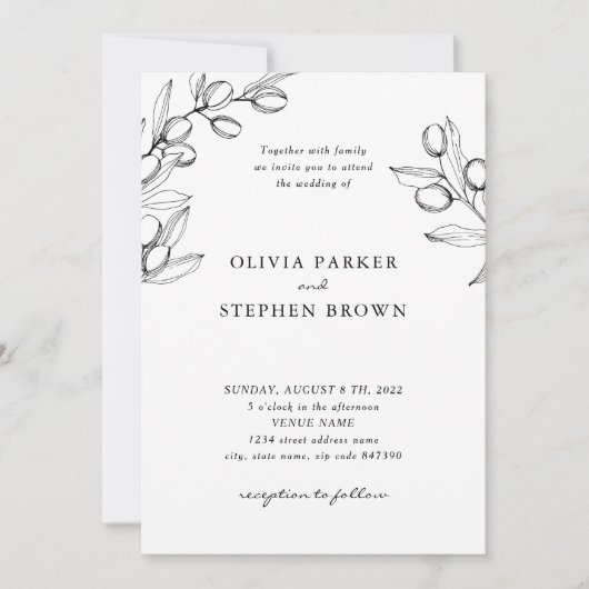 エレガントな枝のオリーブ。シンプルなブラックホワイトのウェディング 招待状 (正面)