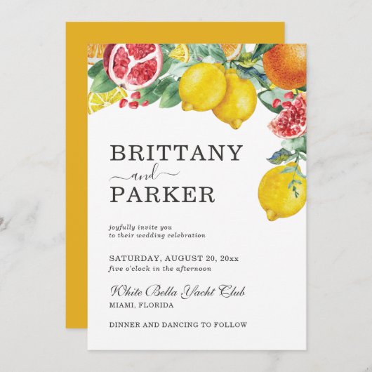 エレガントな柑橘ウォーターカラーボタニカルウェディング 招待状 (正面/裏面)