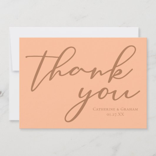 エレガントな桃のタイポグラフィー サマー ウェディング オーダーメイド サンキューカード (正面)