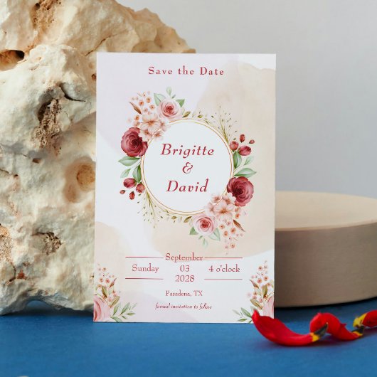 エレガントな桃の水彩花 Save the date 招待状