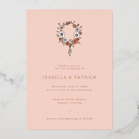 エレガントな桃の花のリース 箔招待状 (正面)