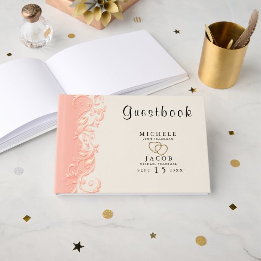 エレガントな桃の花の渦巻き ゲストブック (正面見開き)