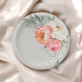 エレガントな桃色とアイボリーの水彩花模様 ペーパープレート