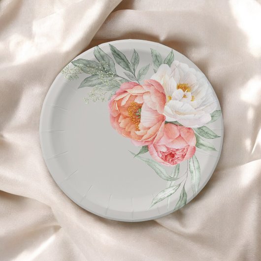 エレガントな桃色とアイボリーの水彩花模様 ペーパープレート