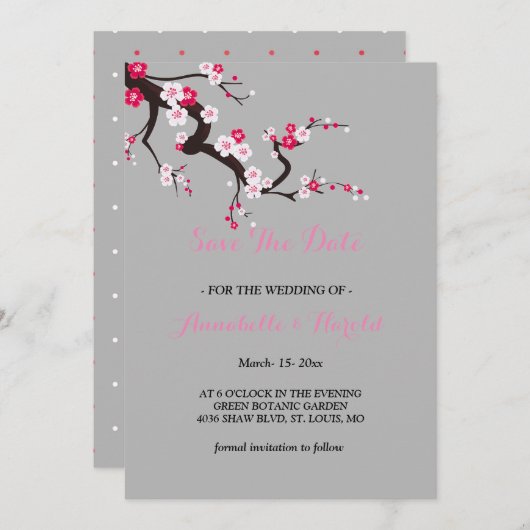 エレガントな桜のピンクの花柄の保存日付 セーブザデート (正面/裏面)