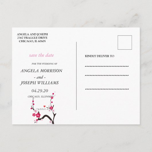 エレガントな桜のピンクの花柄の保存日付 案内ポストカード (裏面)
