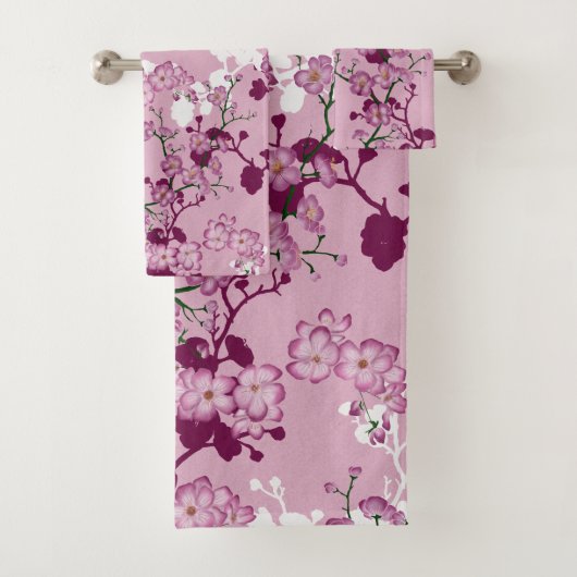 エレガントな桜のピンク バーガンディー ホワイトの花 バスタオルセット (インサイチュ)