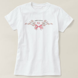 エレガントな桜の花のデザイン　ピンクのリボン付き Tシャツ