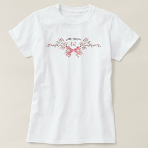 エレガントな桜の花のデザイン　ピンクのリボン付き Tシャツ