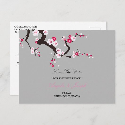 エレガントな桜の花のピンクの花のsave the date 案内ポストカード (正面/裏面)