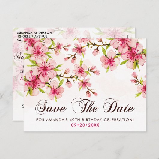 エレガントな桜の花 40歳の誕生日 セーブ・ザ・デート ポストカード (正面/裏面)