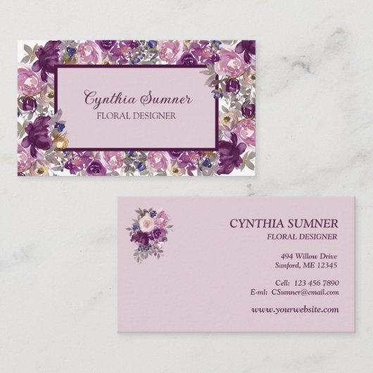 エレガントな梅、ピンク、パープルの花 名刺 (正面/裏面)