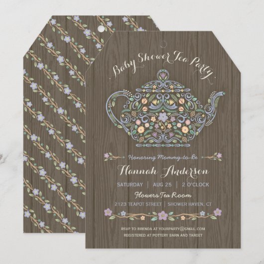 エレガントな森のティーポットベビーシャワー招待状 招待状 (正面/裏面)