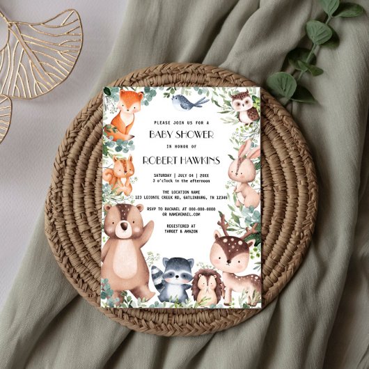 エレガントな森の動物と森林の友達のベビーシャワー 招待状