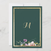 エレガントな森の緑、ゴールド、ピンクの花のテーブルナンバー 招待状 (裏面)