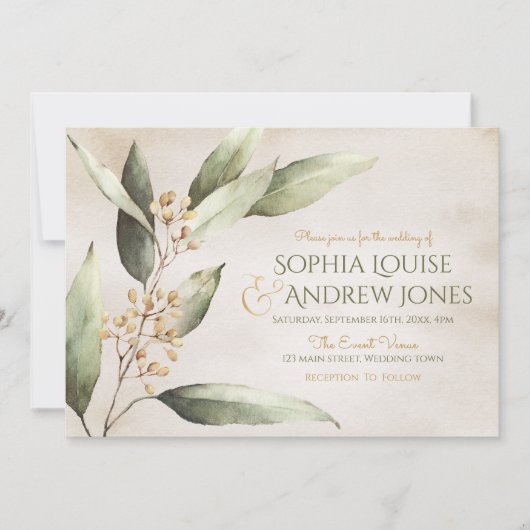 エレガントな植物のグリーンが特徴の、ヴィンテージ ラスティック ウェディング 招待状 (正面)