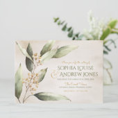 エレガントな植物のグリーンが特徴の、ヴィンテージ ラスティック ウェディング 招待状 (スタンド正面)