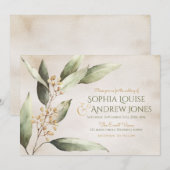 エレガントな植物のグリーンが特徴の、ヴィンテージ ラスティック ウェディング 招待状 (正面/裏面)