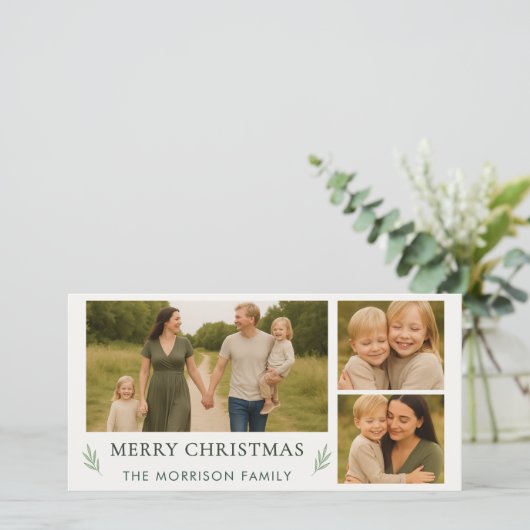 エレガントな植物の楽しいクリスマス3枚の写真 シーズンカード (スタンド正面)