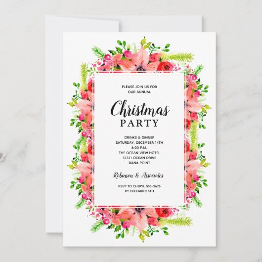 エレガントな植物の花のクリスマスパーティー 招待状 (正面)