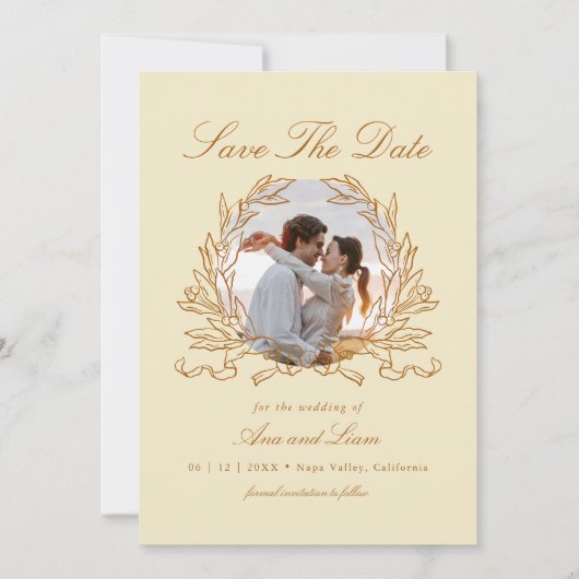 エレガントな植物の花輪の写真 ウェディング セーブザデート (正面)