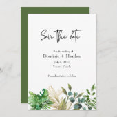 エレガントな植物の葉のウェディング招待状 セーブザデート (正面/裏面)