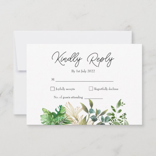 エレガントな植物の葉のウェディング招待状 出欠カード (正面)