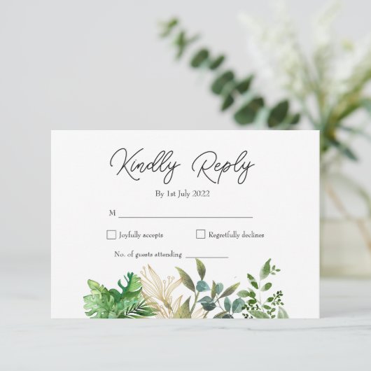 エレガントな植物の葉のウェディング招待状 出欠カード (スタンド正面)