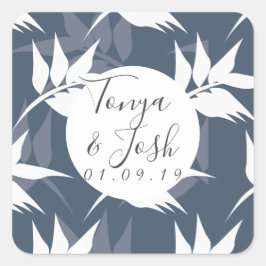 エレガントな植物の葉 ネイビー 白模様 結婚式 スクエアシール