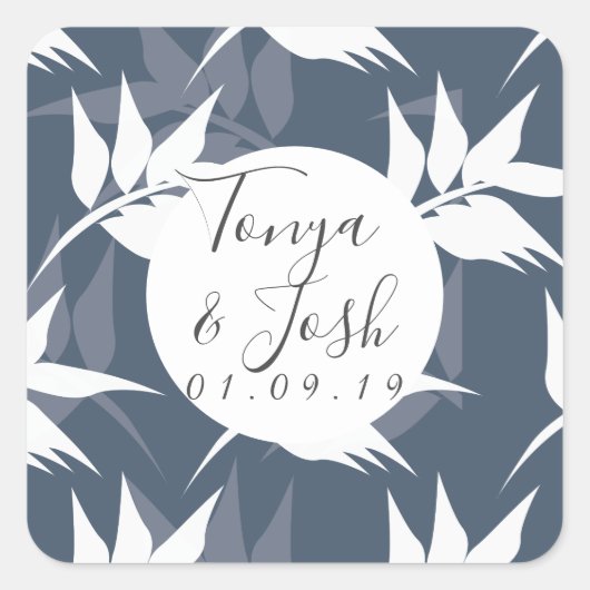 エレガントな植物の葉 ネイビー 白模様 結婚式 スクエアシール (正面)