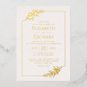 エレガントな植物フレーム ゴールド ブラッシュ ピンク ウェディング 箔招待状 (正面)