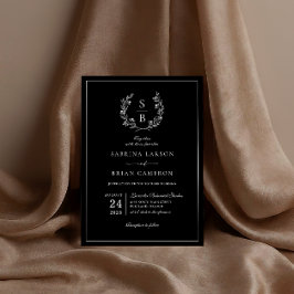 エレガントな植物モノグラムのリース　ブラックウェディング 招待状
