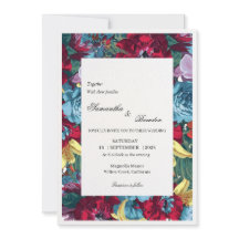 エレガントな植物画風のワインレッドとティールブルーのフラワーブライダル