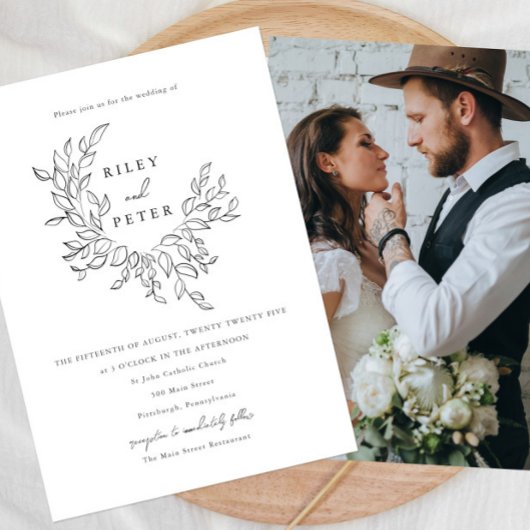 エレガントな植物紋章 シックなカリグラフィー フォト ウェディング 招待状