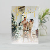 エレガントな楽しいスクリプト家族写真の雪の結晶 箔シーズンカード (立ち正面)