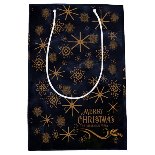 エレガントな模様 ネイビーブルー クリスマスおめでとう ミディアムペーパーバッグ (正面)