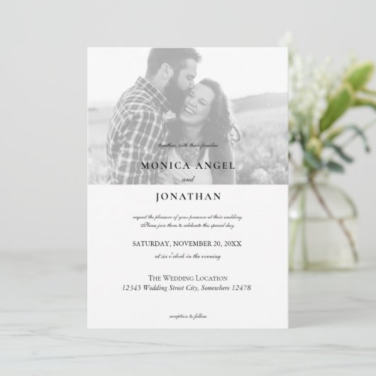 エレガントな横型ブラック&ホワイト写真ウェディング-B 招待状 (スタンド正面)